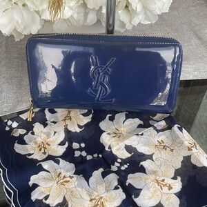 YSL Vernis Dark Blue Zip Around Wallet